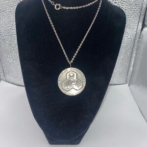 Vintage Solid Pewter Medallion Pendant & Chain Kuala Lumpur Malaysia Necklace26”